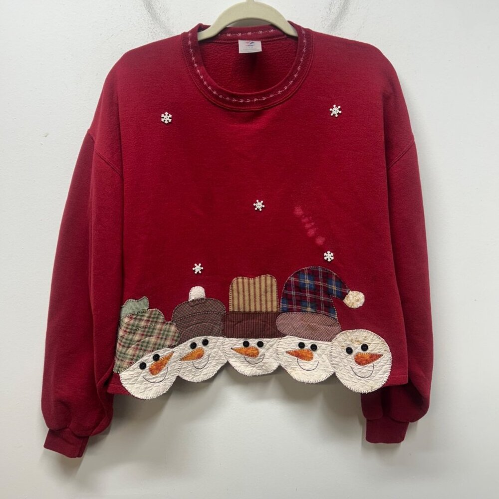 Vintage Jerzees Red Snowman Applique Sweatshirt W/ Embroidery large